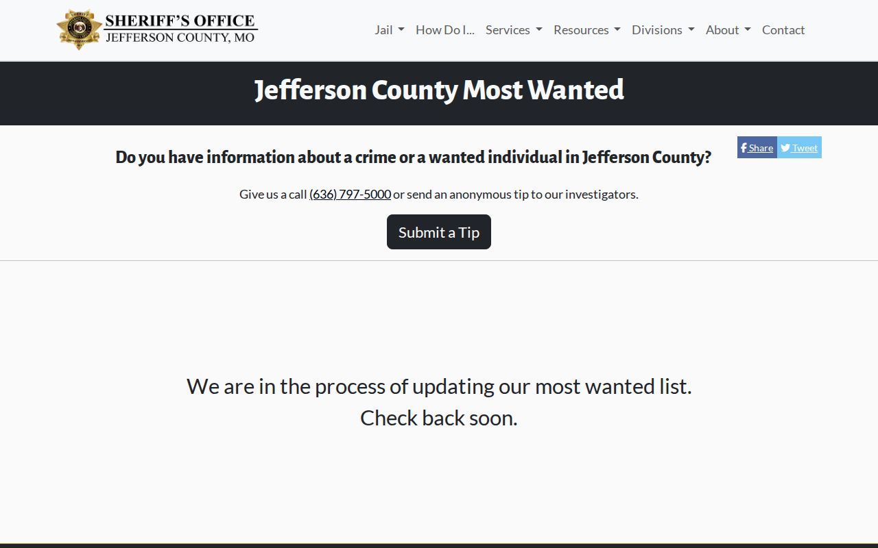 Jefferson County Sheriff curated Most Wanted interface without person cards